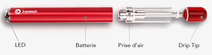 Visuel de présentation de l’eRoll Mac de chez Joyetech en vue éclatée montrant les différentes partie de la cigarette